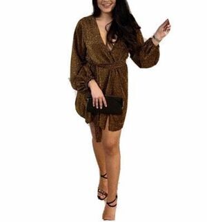 NWT Club L London Brown Metallic Plunge Belted Wrap Mini Dress Size 10 New